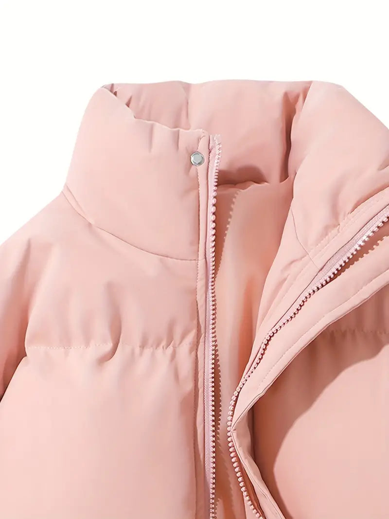 Puffer jacket with hood pink collar detail
