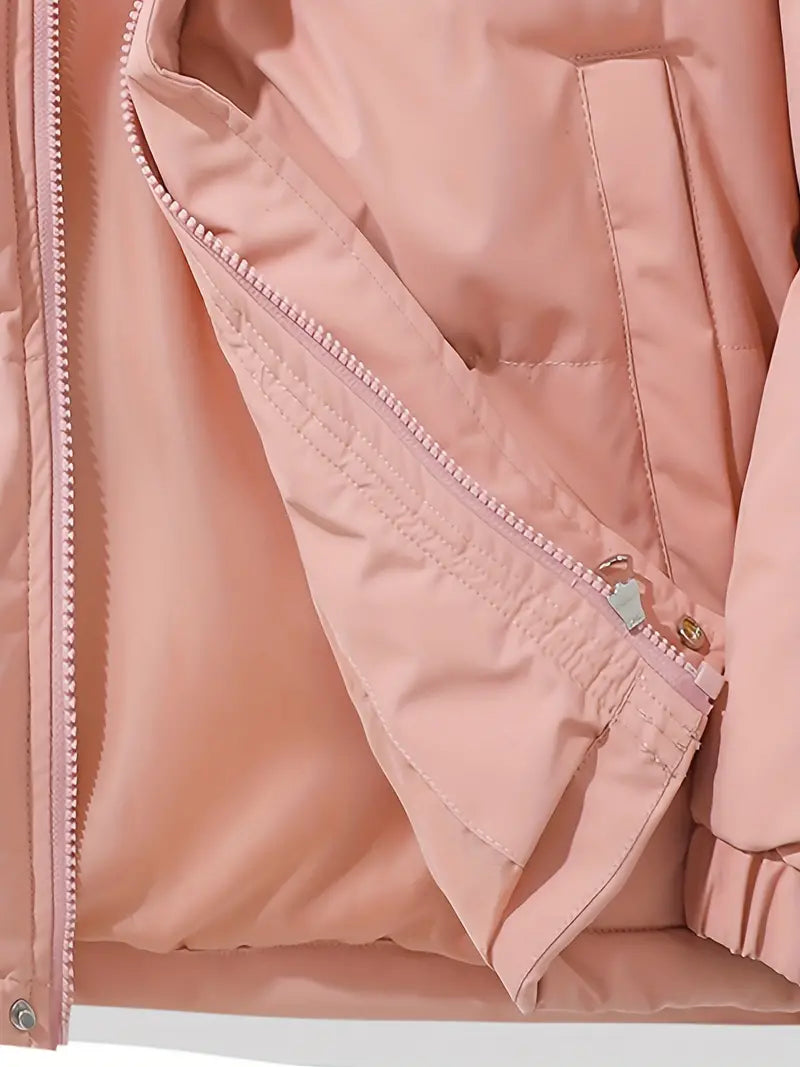 Puffer jacket with hood pink zipper detail