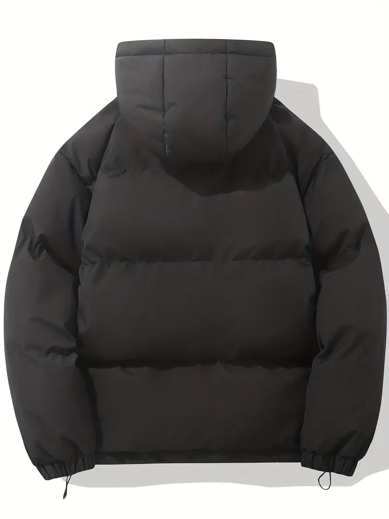 Puffer jacket with hood black back view