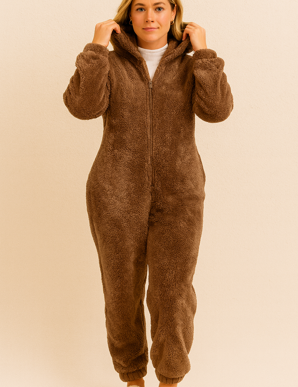Brown fuzzy onesie with bear ears side view