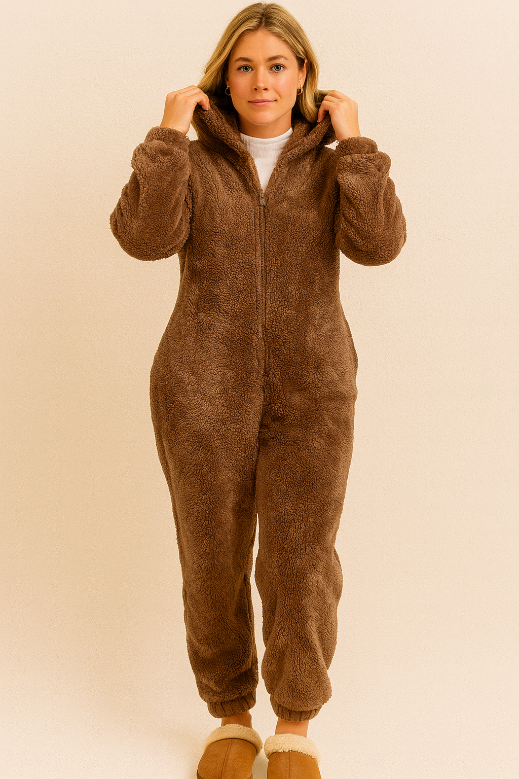 Brown fuzzy onesie with bear ears side view