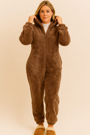 Brown fuzzy onesie with bear ears side view