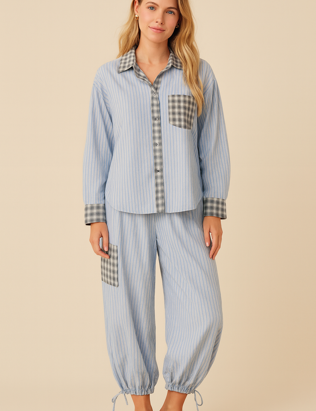 Pyjama set blue striped with checkered details front view