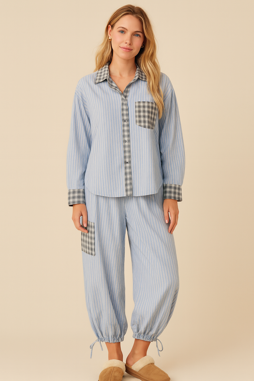 Pyjama set blue striped with checkered details front view