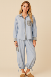 Pyjama set blue striped with checkered details front view