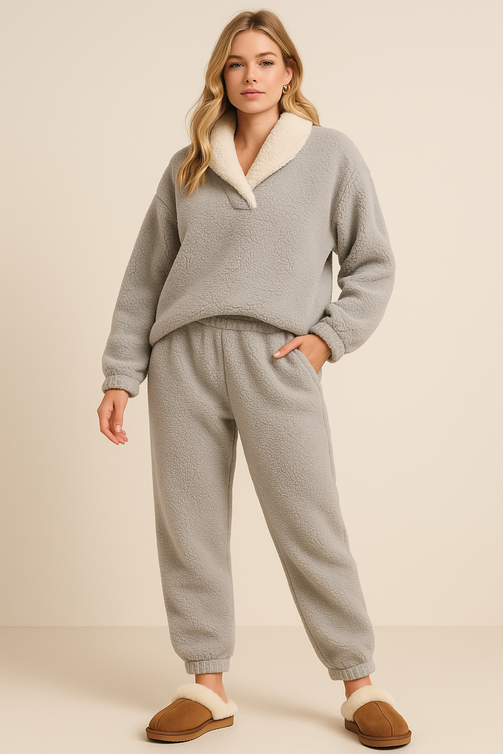 Gray fleece pajama set with cream lining, front view