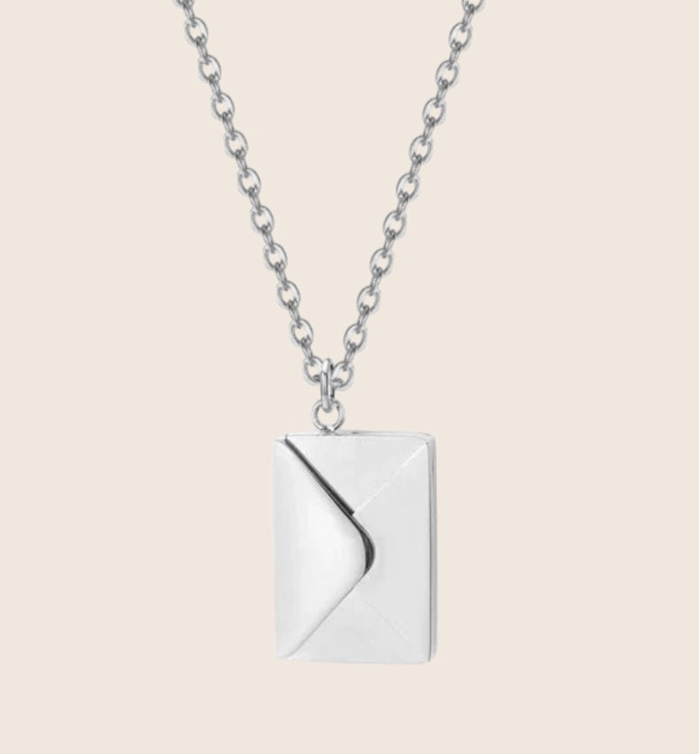 Silver envelope locket necklace front view