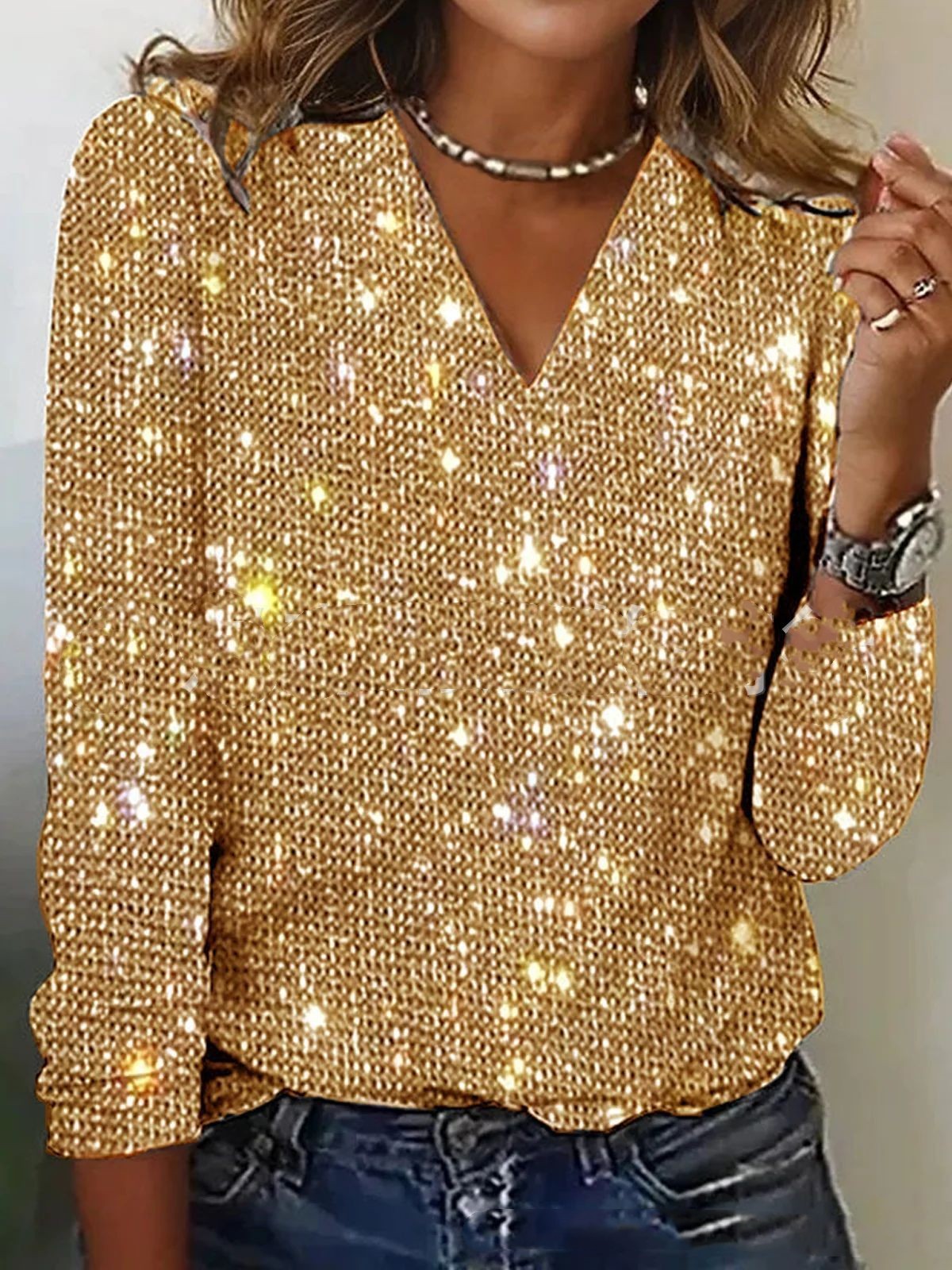 Glitter blouse goud met V-hals en lange mouwen front view