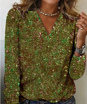 Glitter blouse groen met V-hals en lange mouwen front view