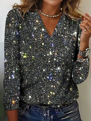 Glitter blouse zilver met V-hals vooraanzicht