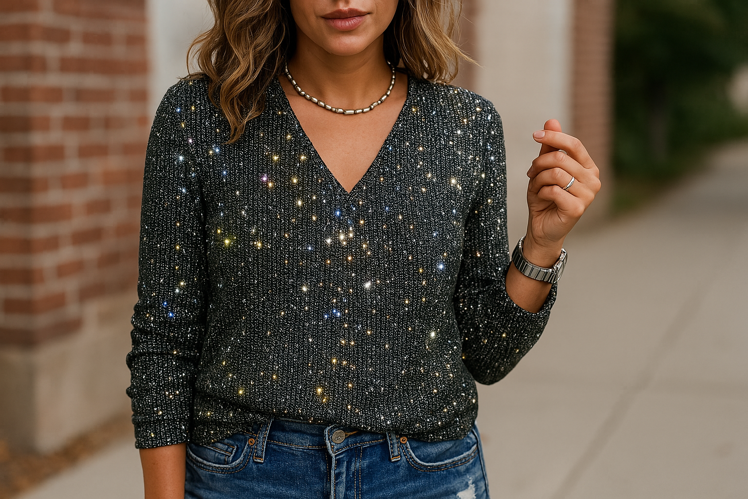 Glitter V-hals blouse zwart met glitters vooruitschot