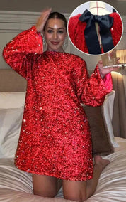 Red sequin dress with black bow front view