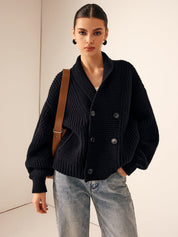 Black chunky knit cardigan with high collar full body view