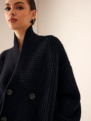 Close-up of black chunky knit cardigan collar and buttons