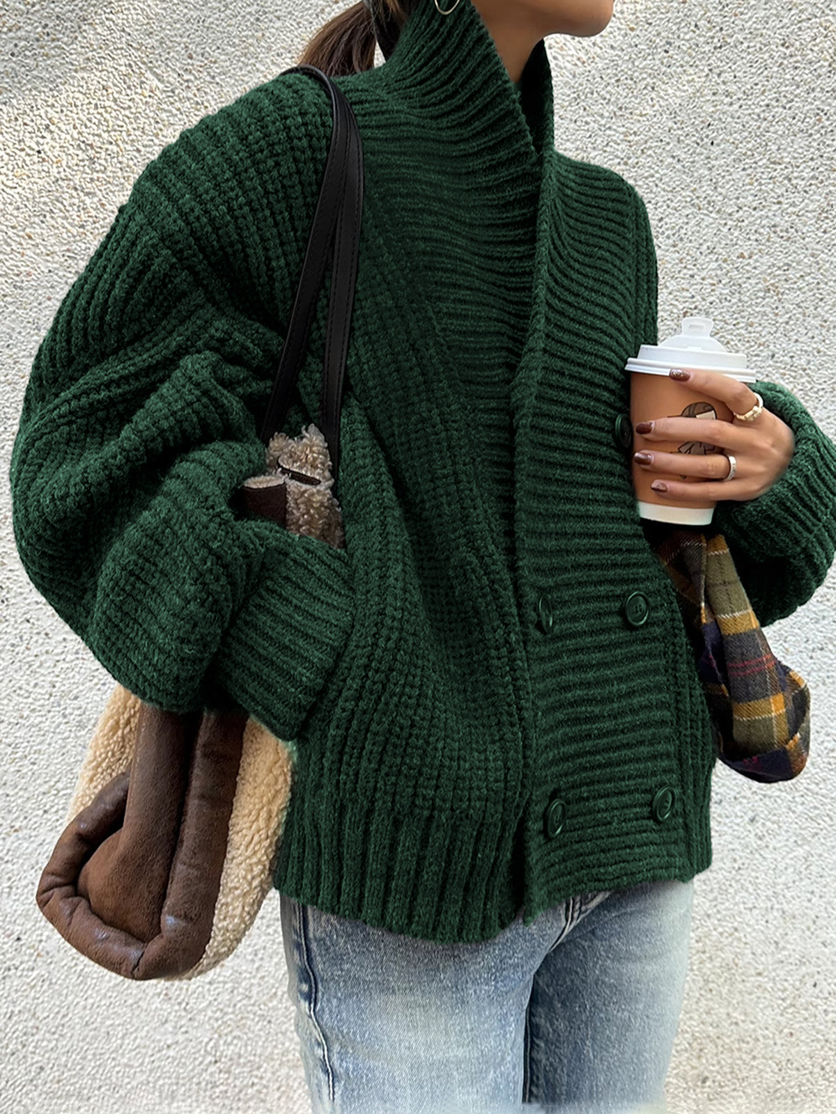 Green chunky knit cardigan with high collar front view