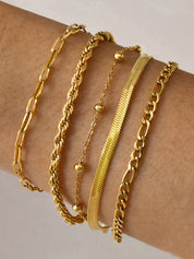 Gold armband set with various chain styles worn on wrist