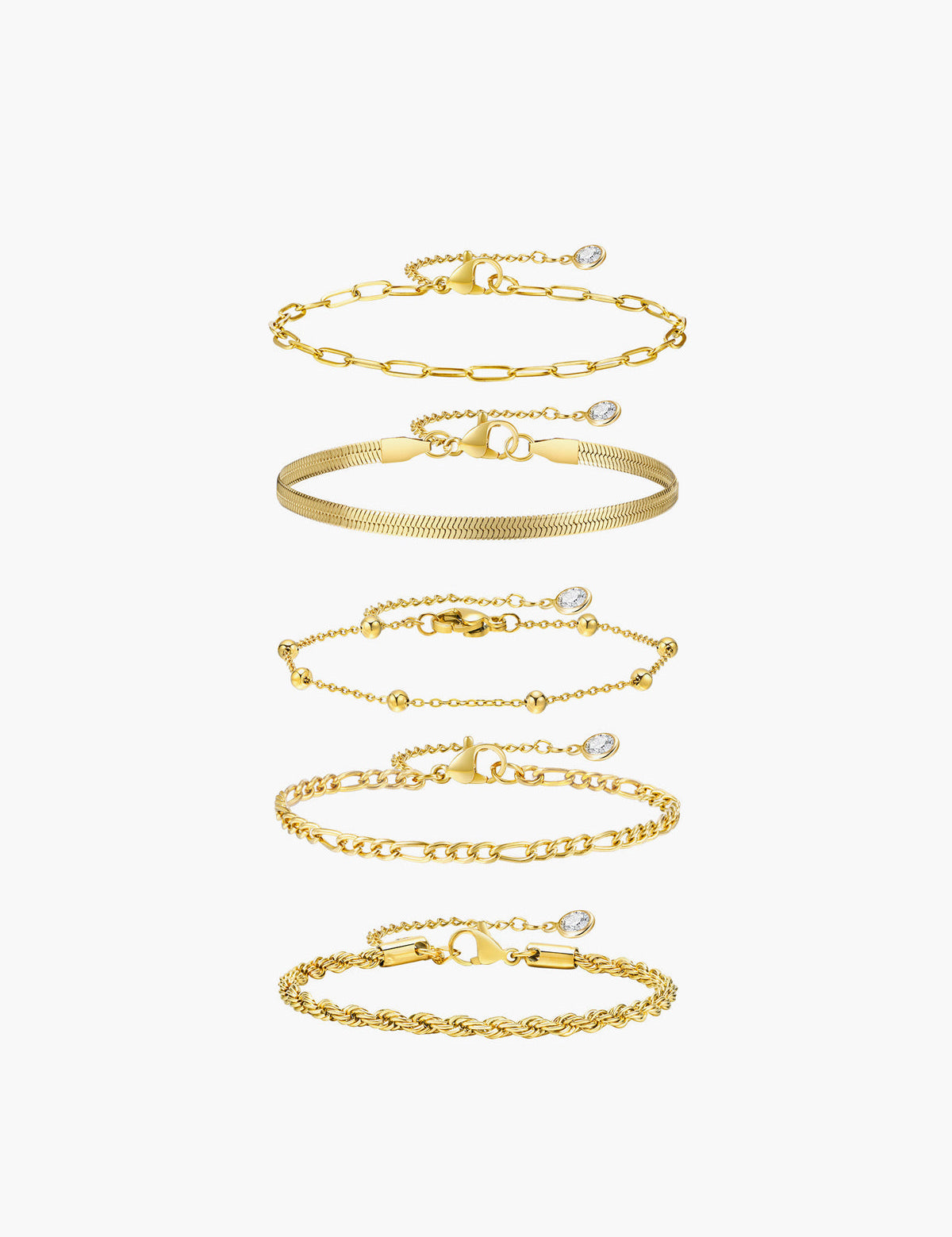 Gold armband set with different chain styles arranged vertically