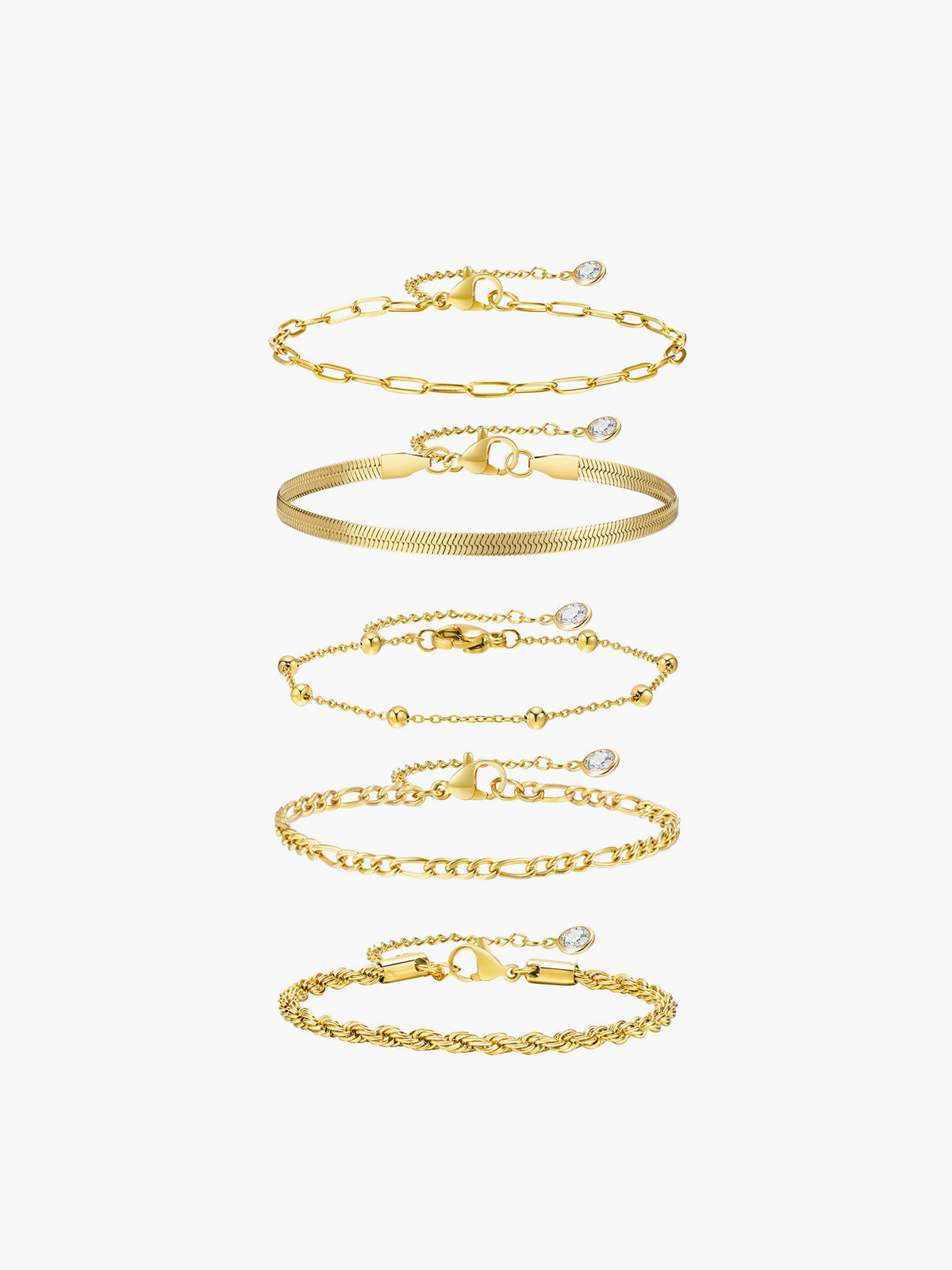 Gold armband set with different chain styles arranged vertically