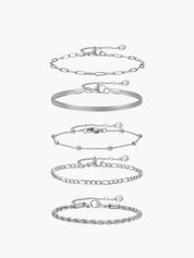 Silver armband set with different chain styles arranged vertically