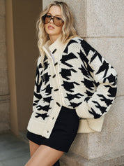 Women's cardigan with black and white houndstooth pattern, front view