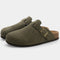 Olive suede clogs with gold buckle front view