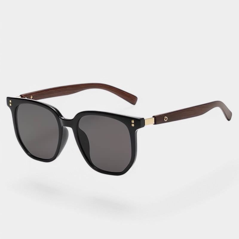 Sunglasses with brown wooden arms and black frames front view