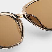 Sunglasses frame detail with gold and brown wooden accents