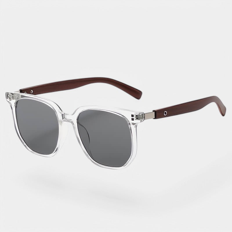 Sunglasses with brown wooden arms and transparent frames front view