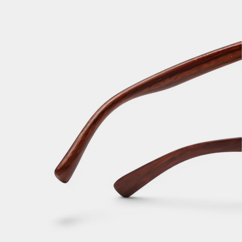 Close-up of brown wooden sunglasses arms