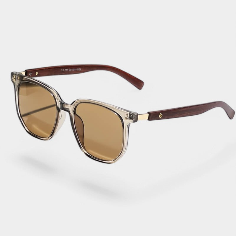Sunglasses with brown wooden arms and gold frames front view