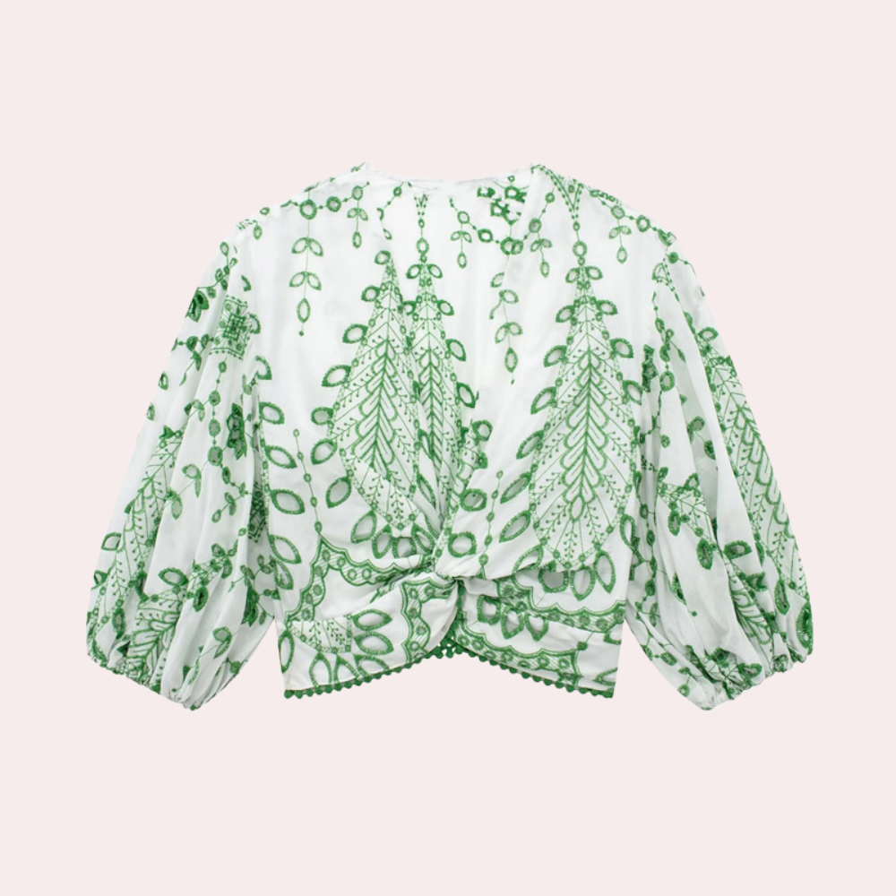 Top with green leaf pattern, front view