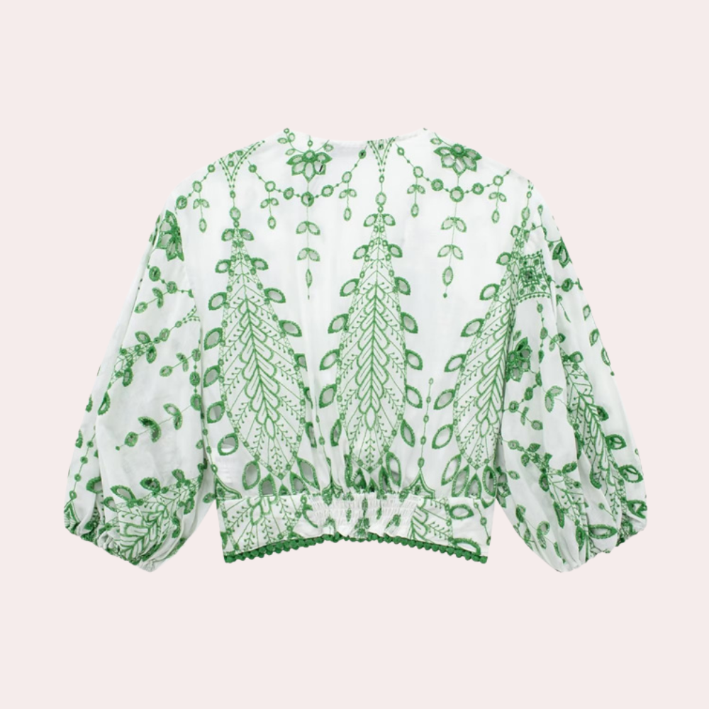 Top with green leaf pattern, back view