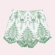 Shorts with green leaf pattern, front view