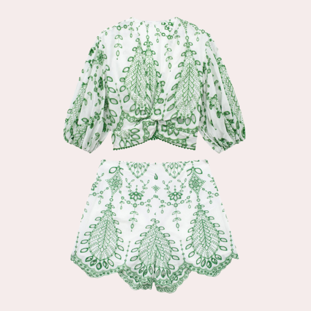 Two-piece set with green leaf pattern, front view