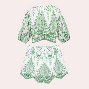 Two-piece set with green leaf pattern, front view