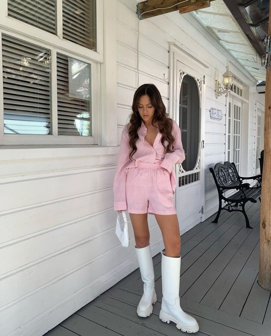 Pink striped shirt and shorts set outdoor front view