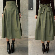 High-waisted skirt with bow detail olive green full-body view