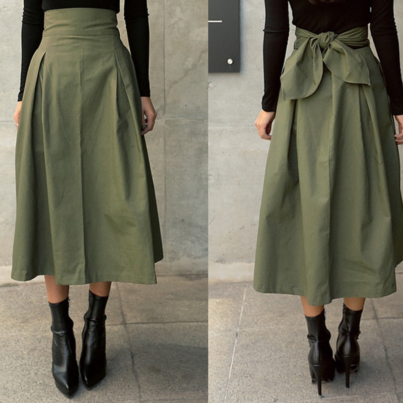 High-waisted skirt with bow detail olive green full-body view