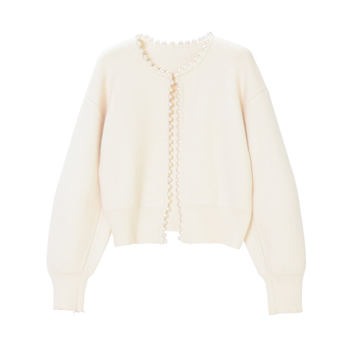 Cream cardigan with pearl trim detailing, front view