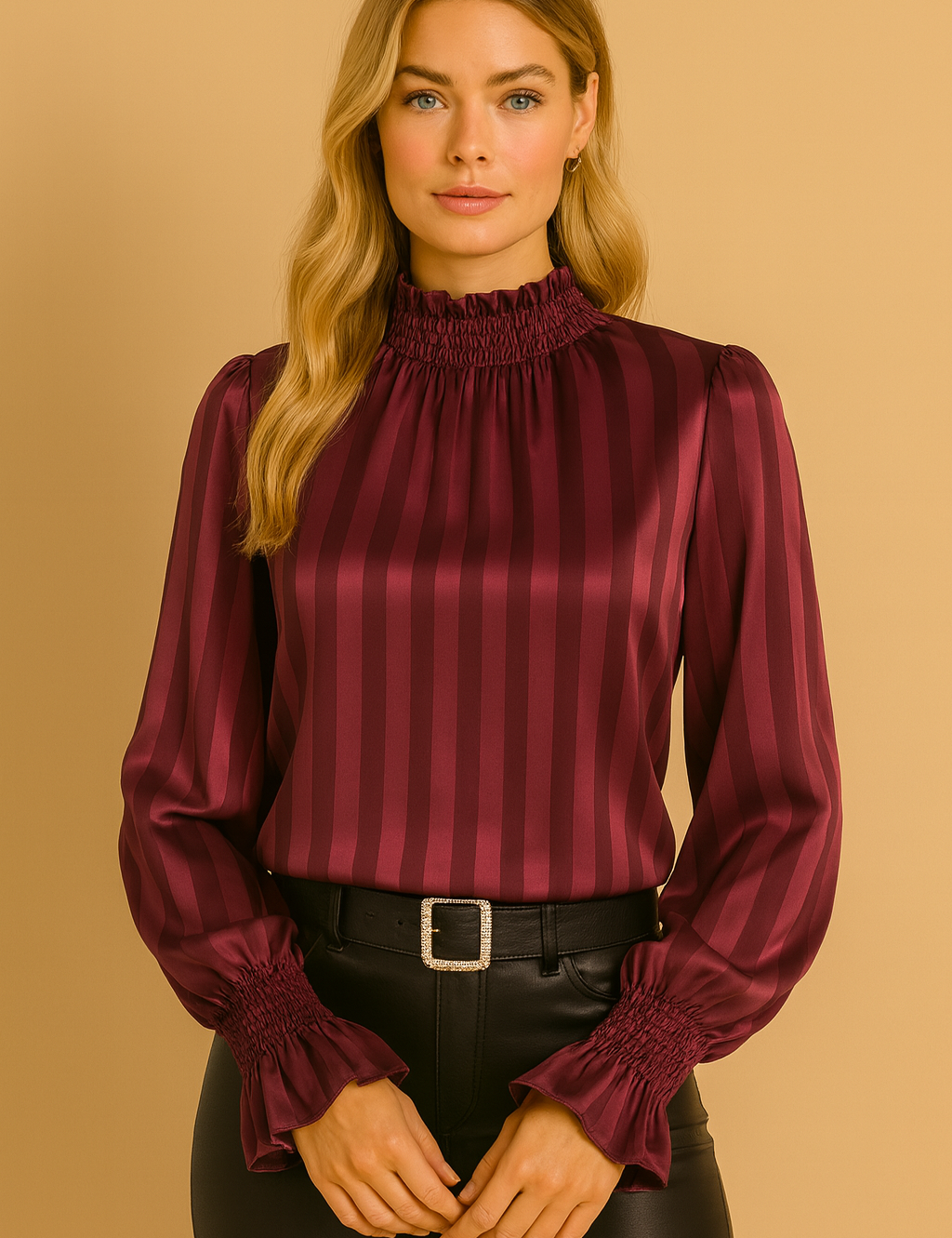 Blouse met Geplooide Hals bordeaux gestreept front view