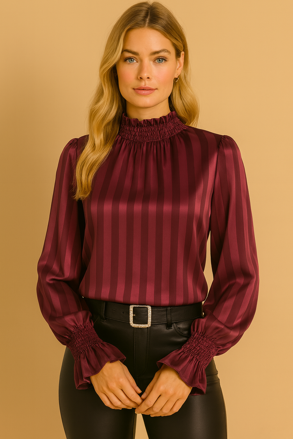 Blouse met Geplooide Hals bordeaux gestreept front view