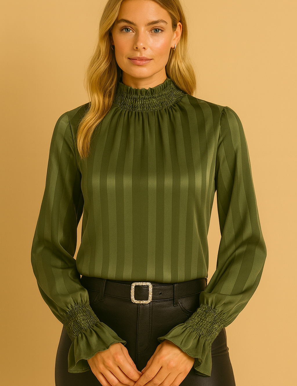 Blouse met Geplooide Hals groen gestreept front view