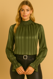 Blouse met Geplooide Hals groen gestreept front view