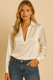 White blouse with deep V-neck front view