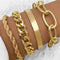 Gold metal bracelet set featuring chain, flat, and link designs worn on wrist