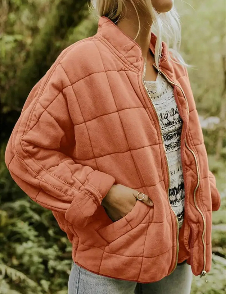 Jas met blokpatroon roze front view