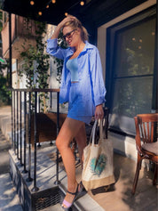 Blue striped shirt and shorts set outdoor front view