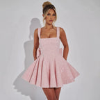 Mini jurk roze met pailletten, hoge taille, front view