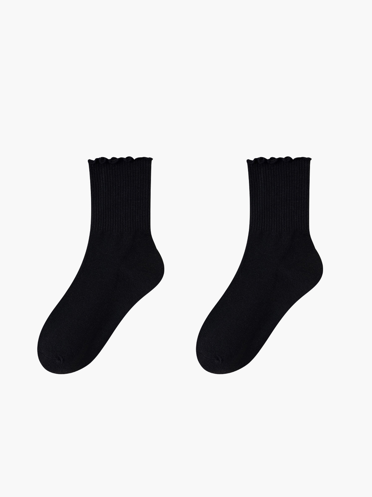 Black ruffled ankle socks flat lay side view