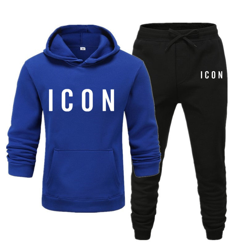 Heren set blauwe hoodie en zwarte broek met 'ICON' print